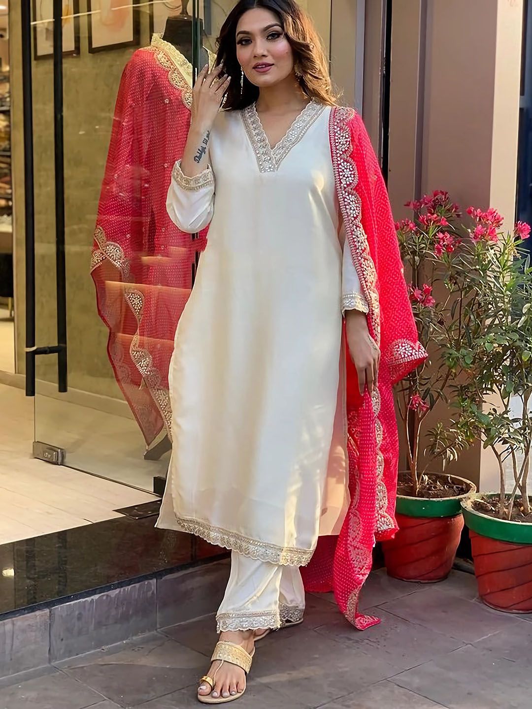 Kalini Floral Embroidered Regular Sequinned Kurta With Trousers & Dupatta - Distacart