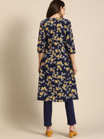 Thumbnail for All About You Women Navy Blue Floral Printed Angrakha Pure Cotton Kurta with Trousers - Distacart