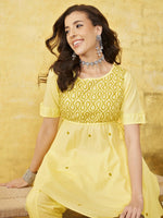 Thumbnail for ADA Women Yellow & Green Chikankari Embroidered Empire Sustainable Handloom Kurta with Dhoti Pants - Distacart