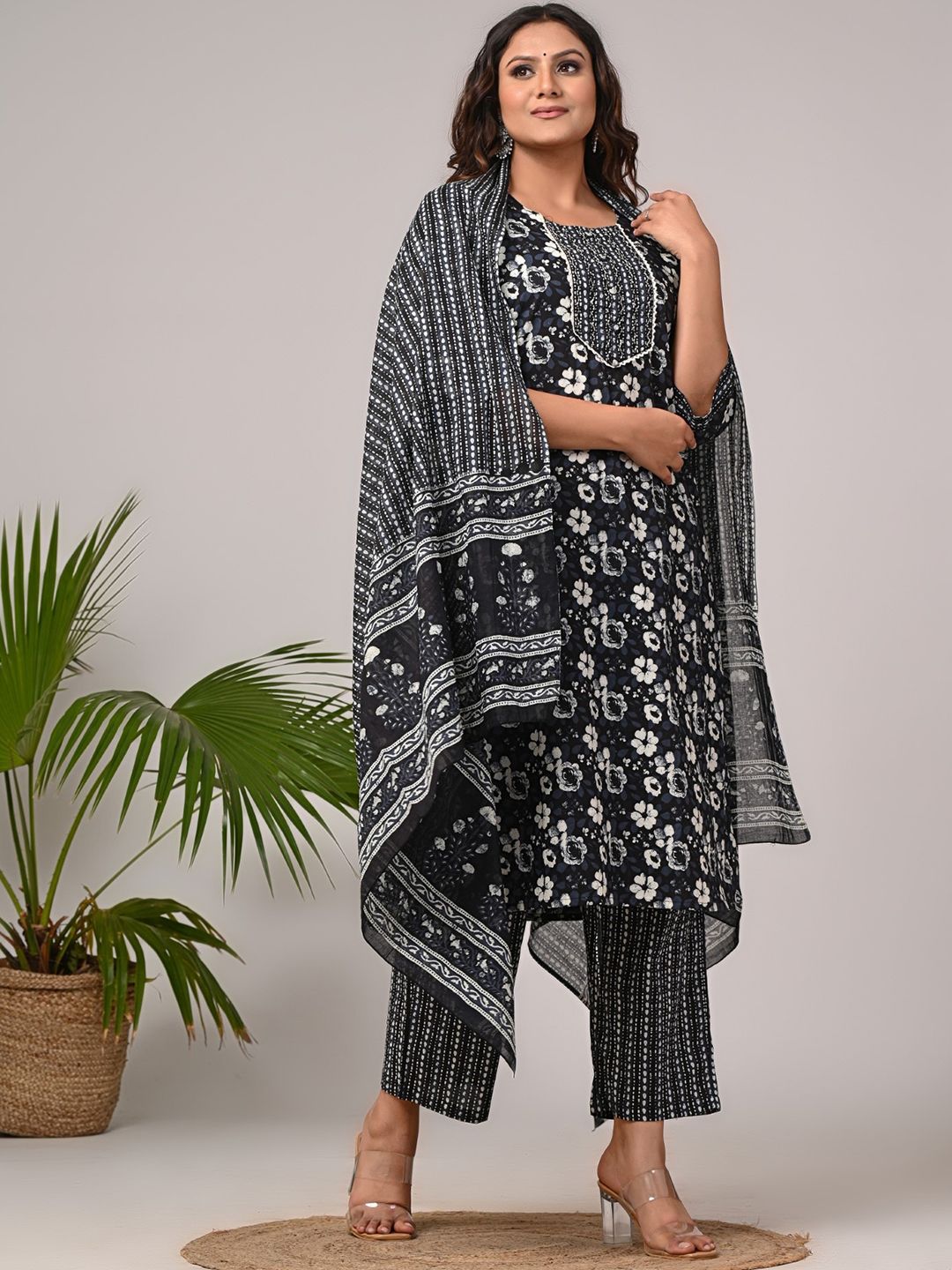 Swasti Plus Size Printed Sequinned Pure Cotton Straight Kurta With Trousers & Dupatta - Distacart