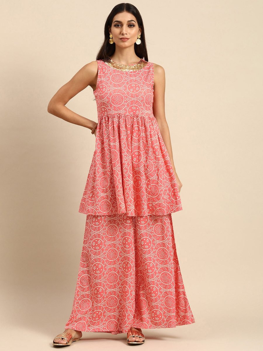 All About You Women Peach Pin & White Bandhani Print Pleated Sequinned Kurti with Palazzos - Distacart
