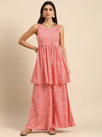 Thumbnail for All About You Women Peach Pin & White Bandhani Print Pleated Sequinned Kurti with Palazzos - Distacart