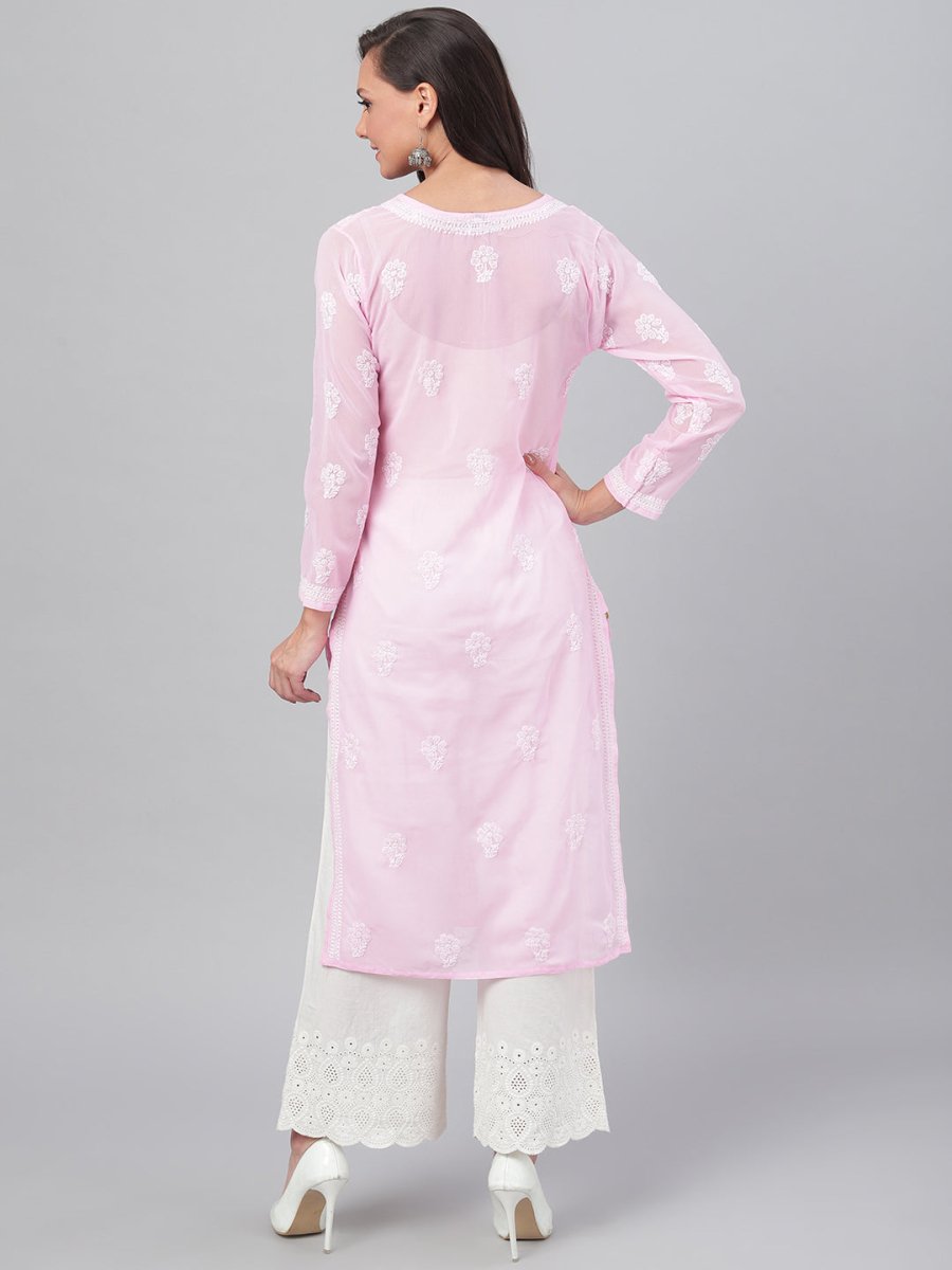ADA Women Pink & White Chikankari Hand Embroidered Straight Sustainable Handloom Kurta - Distacart