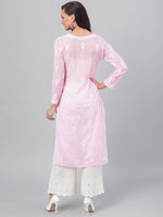 Thumbnail for ADA Women Pink & White Chikankari Hand Embroidered Straight Sustainable Handloom Kurta - Distacart