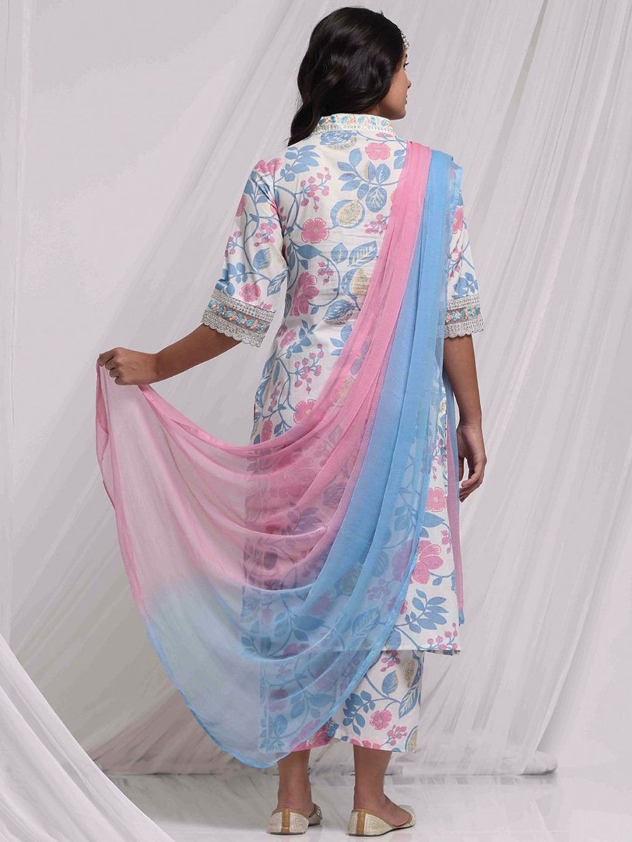 Anouk Off-White Floral Embroidered Thread Work Pure Cotton Kurta with Trousers & Dupatta