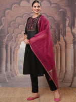 Thumbnail for Vishudh Black Yoke Design Thread Work Kurta with Trouser & Dupatta