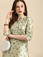 Thumbnail for All About You Women Sea Green Floral Block Print Mandarin Collar Chanderi Silk Blend Kurta - Distacart