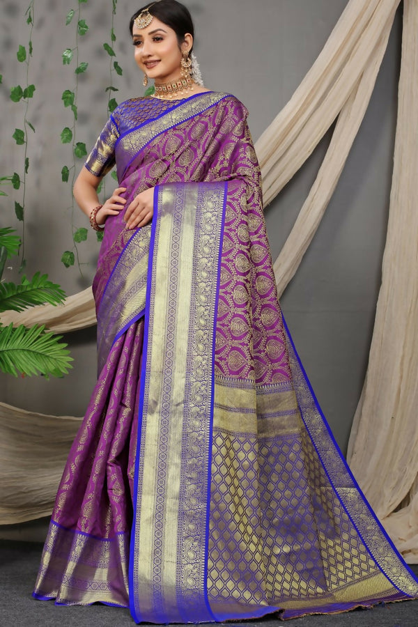 Jyoti Fashion Women's Purple Kanjivaram Silk Zari Woven Saree with Blouse - Distacart