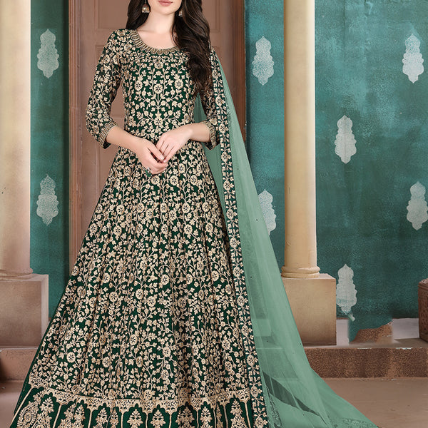 Monjolika Fashion Dark Green Georgette Embroidered Salwar Kameez - Distacart