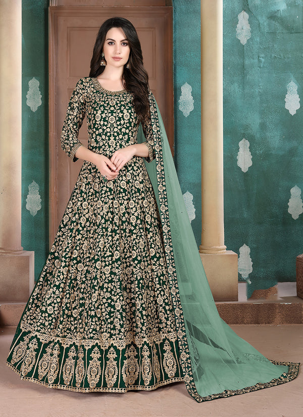 Monjolika Fashion Dark Green Georgette Embroidered Salwar Kameez