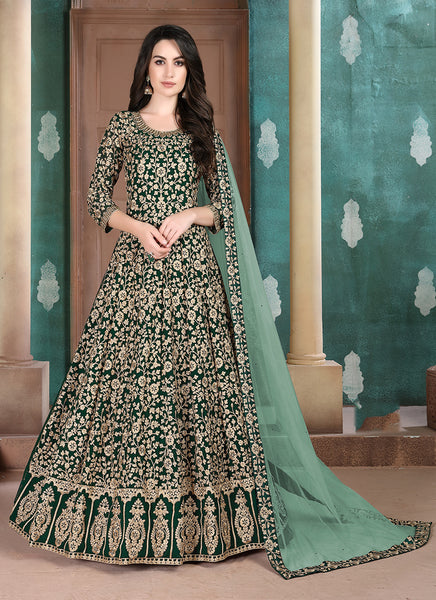 Monjolika Fashion Dark Green Georgette Embroidered Salwar Kameez