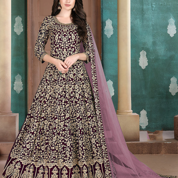 Monjolika Fashion Dark Purple Georgette Embroidered Salwar Kameez - Distacart