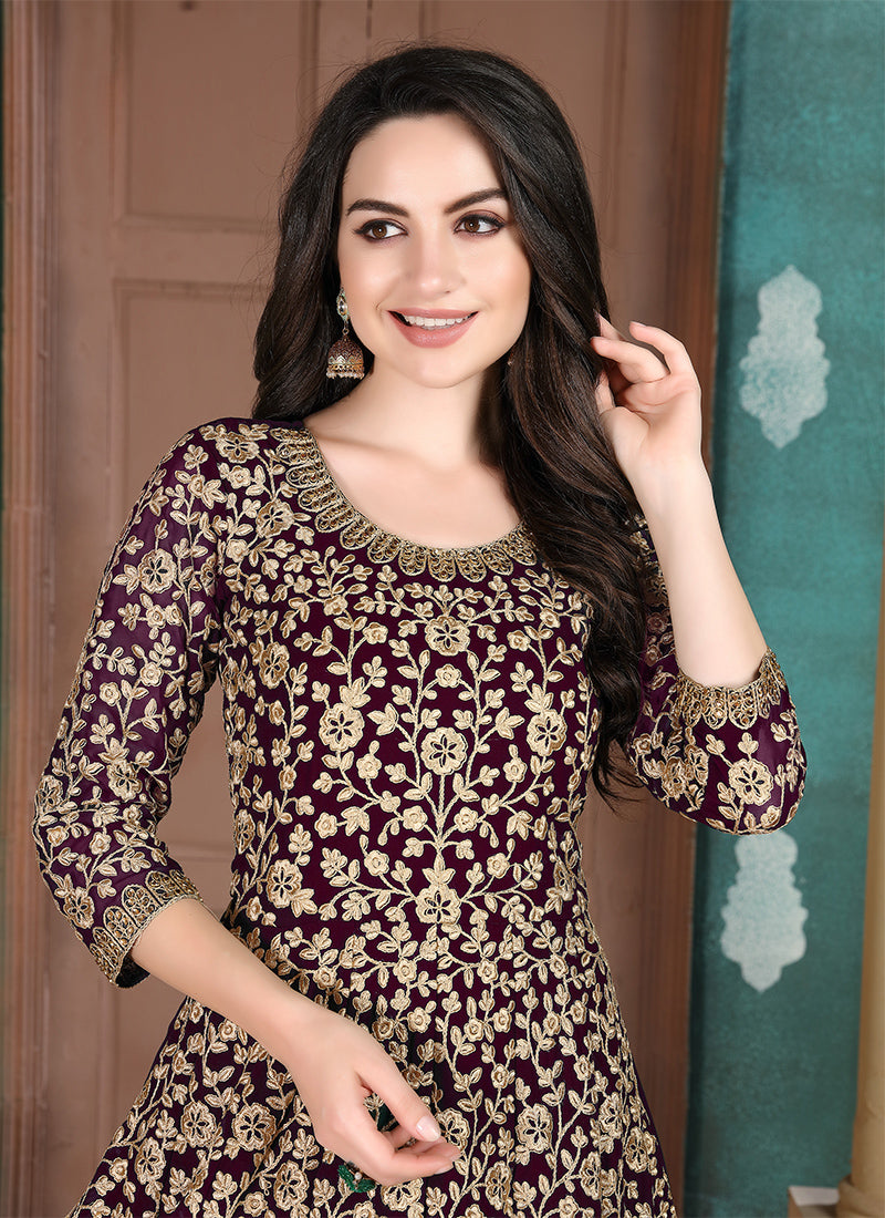 Monjolika Fashion Dark Purple Georgette Embroidered Salwar Kameez