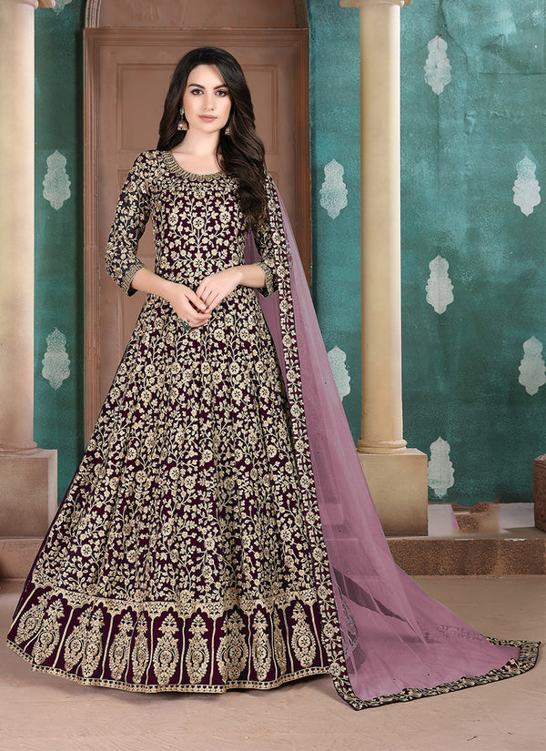 Monjolika Fashion Dark Purple Georgette Embroidered Salwar Kameez