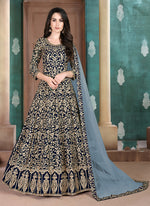 Thumbnail for Monjolika Fashion Dark Blue Georgette Embroidered Salwar Kameez - Distacart
