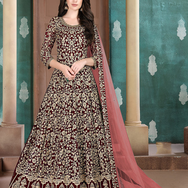 Monjolika Fashion Maroon Georgette Embroidered Salwar Kameez