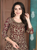 Thumbnail for Monjolika Fashion Maroon Georgette Embroidered Salwar Kameez