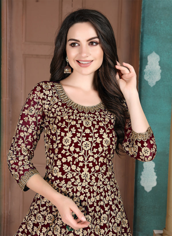 Monjolika Fashion Maroon Georgette Embroidered Salwar Kameez