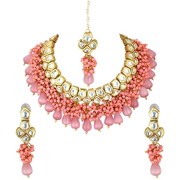 Tehzeeb Creations Meenakari Gold-Polished pentagon shape Uncut Kundan Necklace Set - Distacart