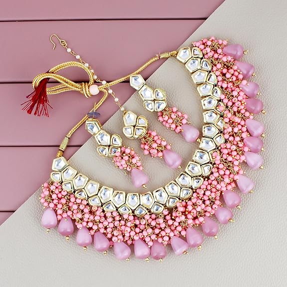 Tehzeeb Creations Meenakari Gold-Polished pentagon shape Uncut Kundan Necklace Set - Distacart