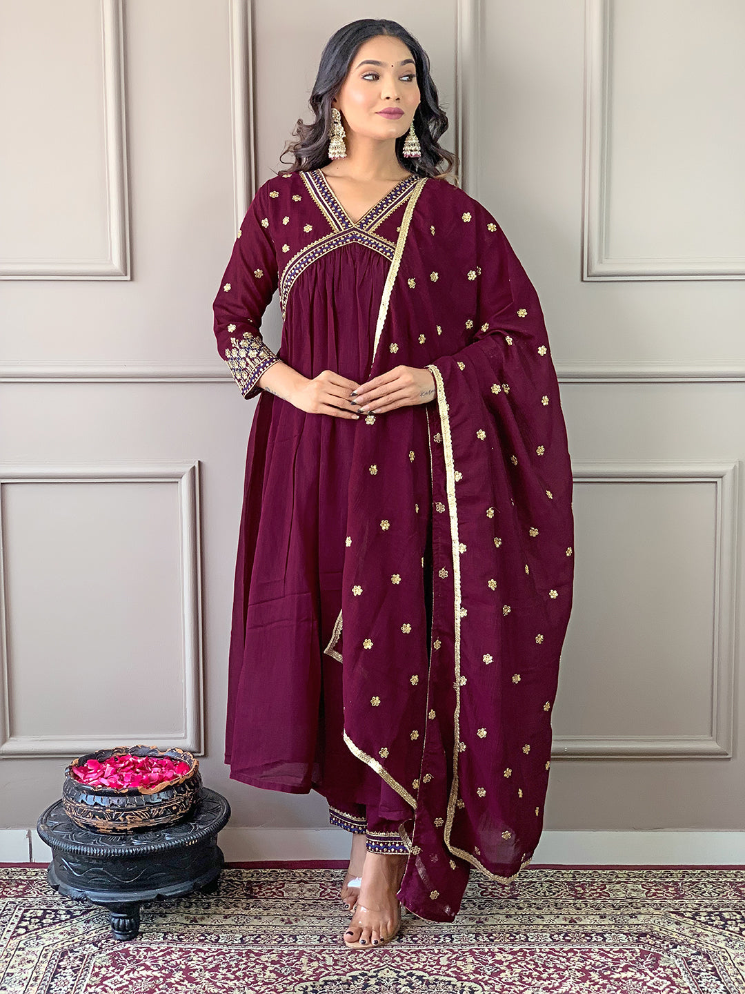 The52 Women's Vichitra Silk Fabric Alia Cut Kurta, Pant and Dupatta Set