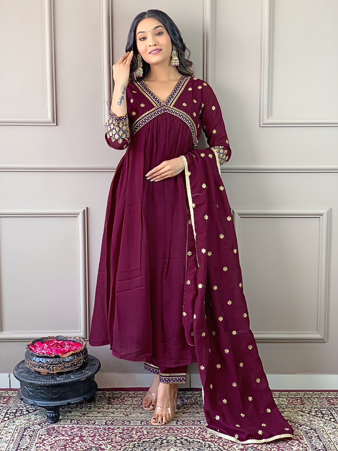 The52 Women's Vichitra Silk Fabric Alia Cut Kurta, Pant and Dupatta Set