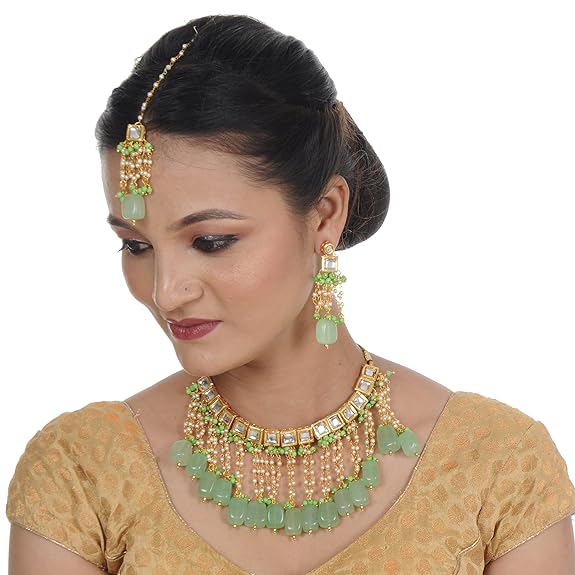Tehzeeb Creations Back Meenakari Gold-Polished Square Shape Tika Earring Jewellery Set Uncut Kundan Big Faux Kundan Dibbi Kundan Choker Necklace Set