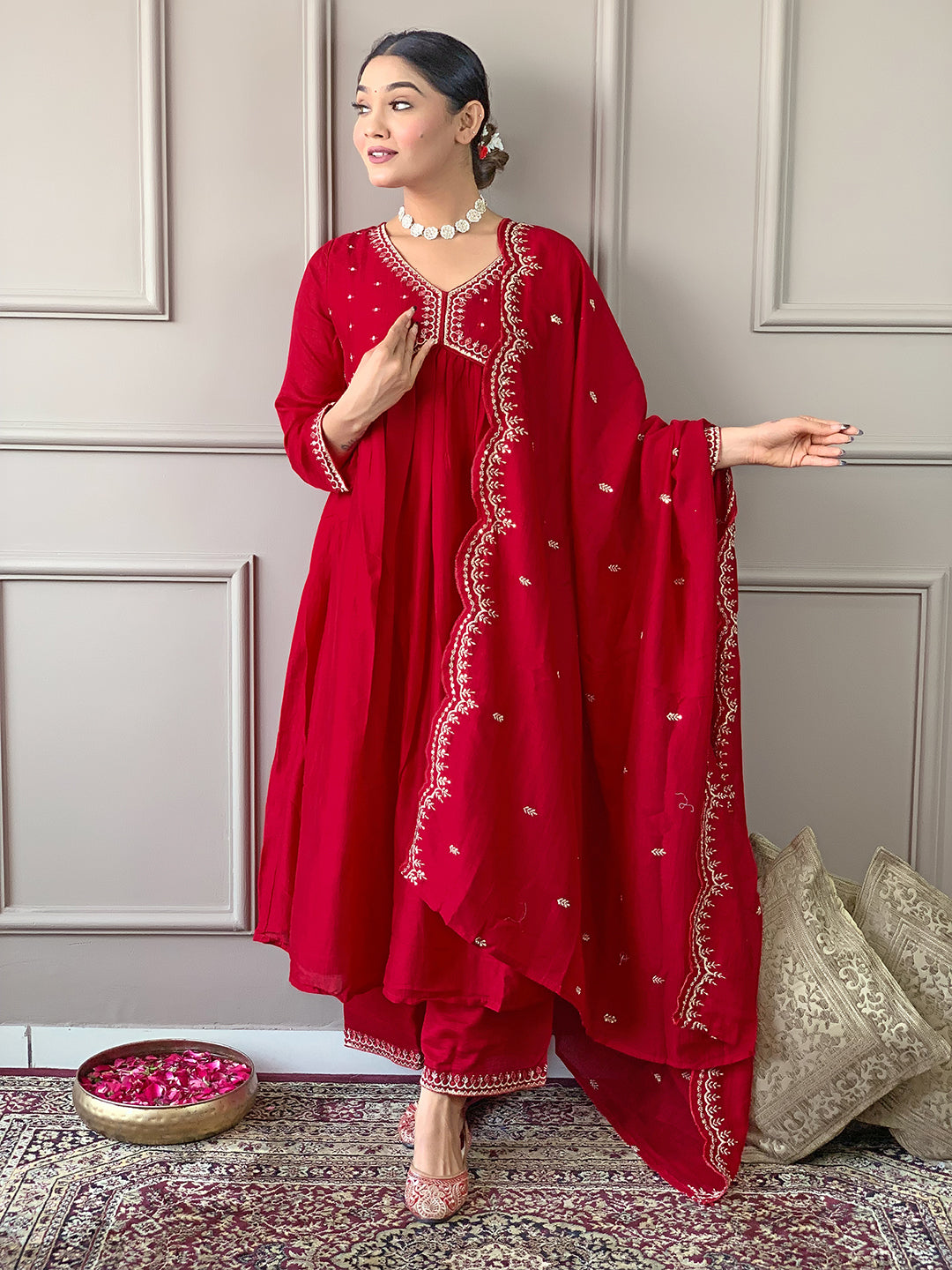 The52 Women's Vichitra Silk Fabric Alia Cut Kurta, Palazzo and Dupatta Set