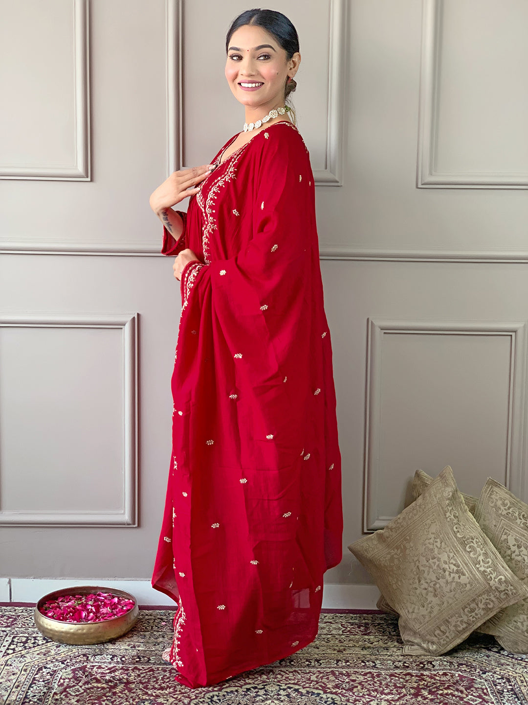 The52 Women's Vichitra Silk Fabric Alia Cut Kurta, Palazzo and Dupatta Set