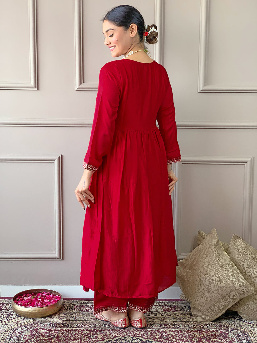 The52 Women's Vichitra Silk Fabric Alia Cut Kurta, Palazzo and Dupatta Set