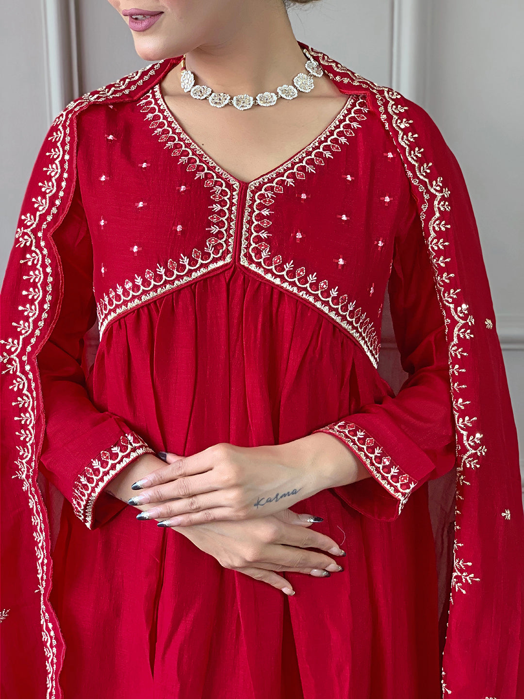 The52 Women's Vichitra Silk Fabric Alia Cut Kurta, Palazzo and Dupatta Set