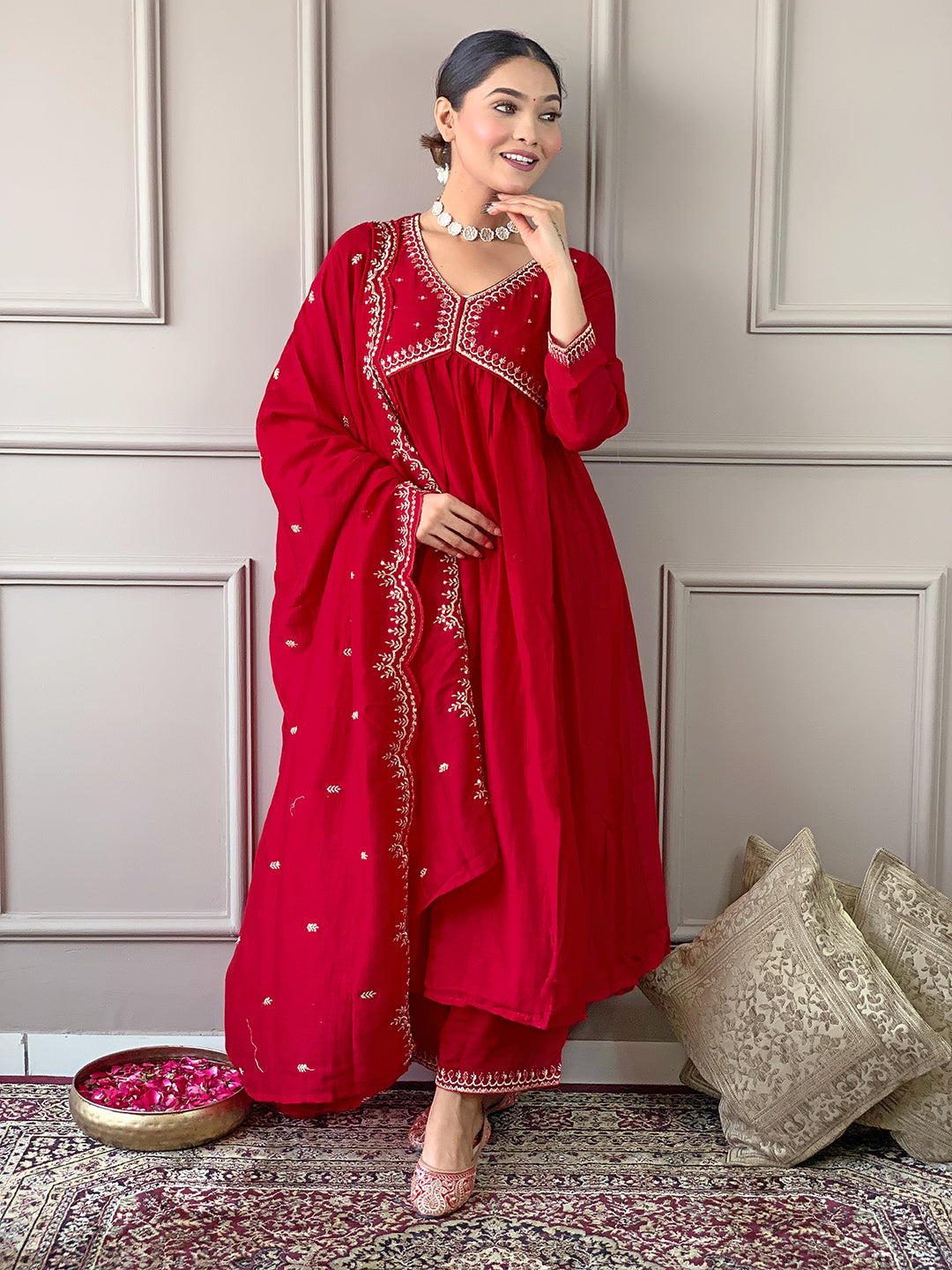 The52 Women's Vichitra Silk Fabric Alia Cut Kurta, Palazzo and Dupatta Set