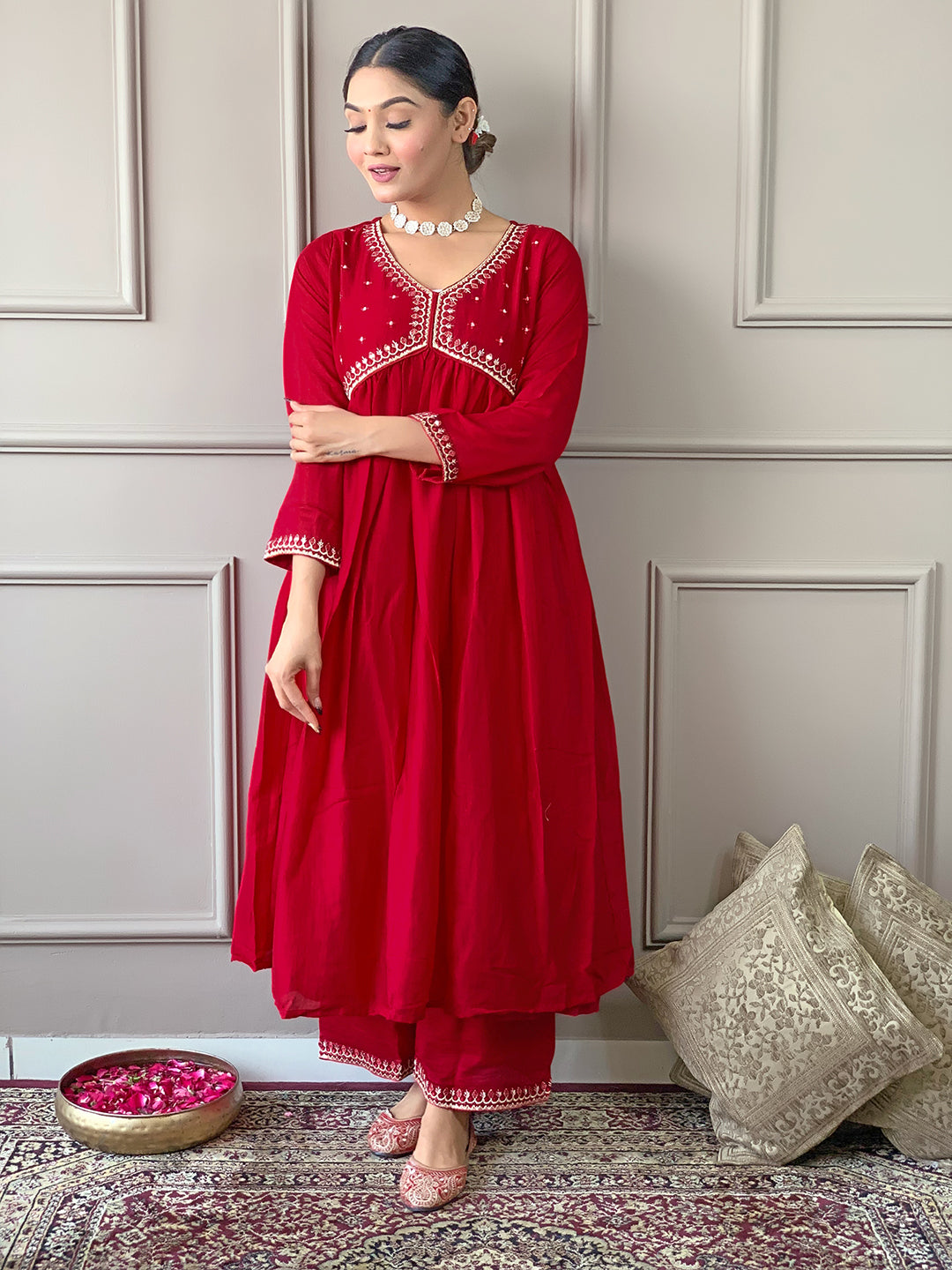 The52 Women's Vichitra Silk Fabric Alia Cut Kurta, Palazzo and Dupatta Set