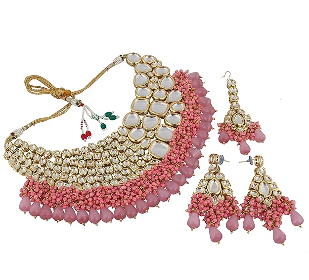 Tehzeeb Creations Meenakari Gold-Polished Pink color Uncut dibbi Kundan Combo Necklace Set - Distacart