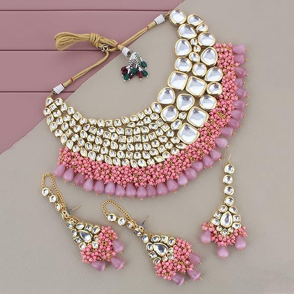 Tehzeeb Creations Meenakari Gold-Polished Pink color Uncut dibbi Kundan Combo Necklace Set - Distacart