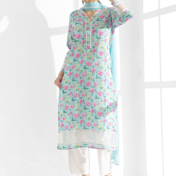 Anouk Floral Printed Regular Kantha Work Pure Cotton Kurta With Trousers & Dupatta - Distacart