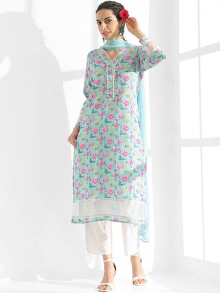 Anouk Floral Printed Regular Kantha Work Pure Cotton Kurta With Trousers & Dupatta - Distacart