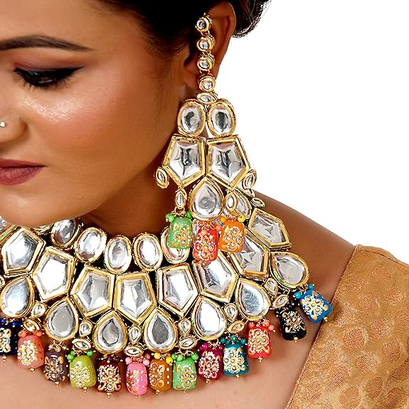 Tehzeeb Creations Back Meenakari Gold-Polished Multicolor Color Tika Earring Jewellery Set Uncut Big Faux Kundan Dibbi Kundan Choker Necklace Set - Distacart