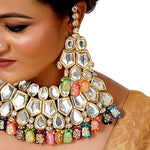Thumbnail for Tehzeeb Creations Back Meenakari Gold-Polished Multicolor Color Tika Earring Jewellery Set Uncut Big Faux Kundan Dibbi Kundan Choker Necklace Set - Distacart