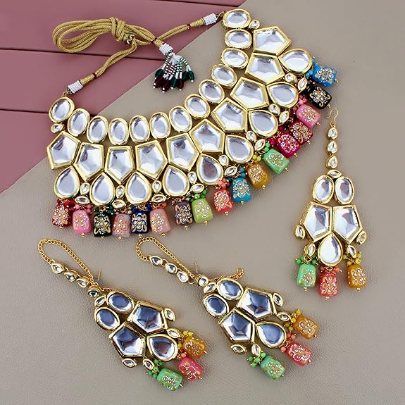 Tehzeeb Creations Back Meenakari Gold-Polished Multicolor Color Tika Earring Jewellery Set Uncut Big Faux Kundan Dibbi Kundan Choker Necklace Set - Distacart