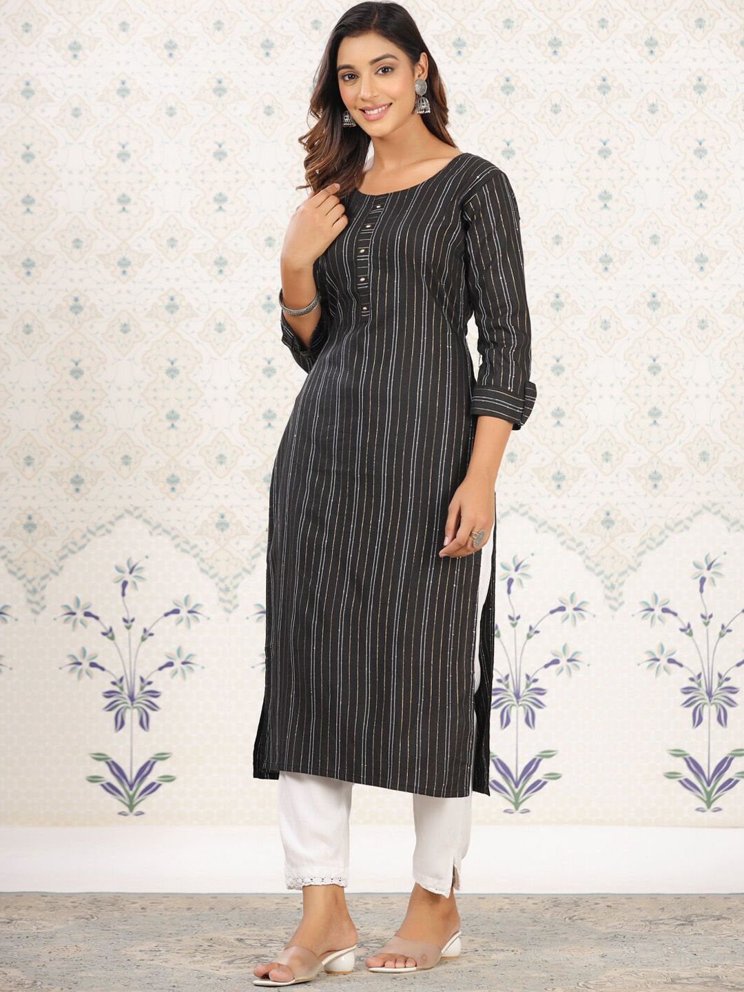 Ode by House of Pataudi Striped Round Neck Straight Cotton Kurta - Distacart