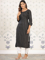 Thumbnail for Ode by House of Pataudi Striped Round Neck Straight Cotton Kurta - Distacart