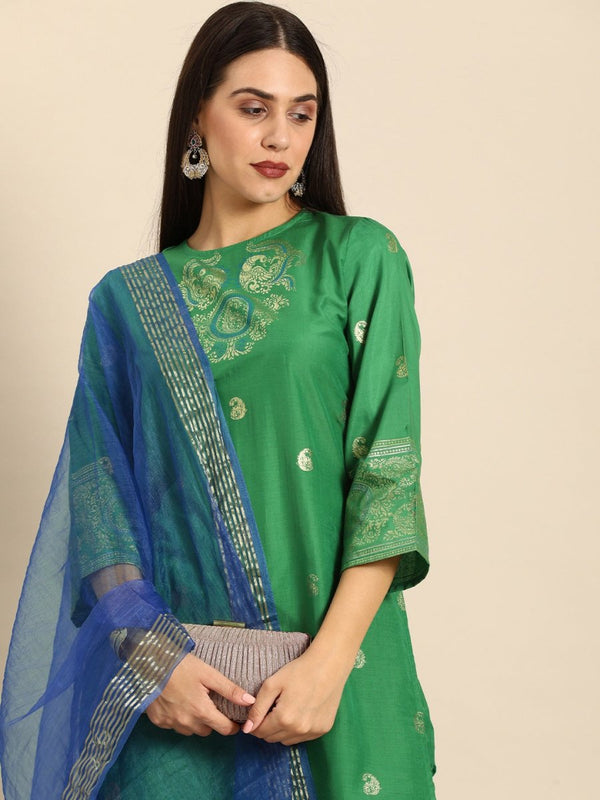 Anouk Women Green & Golden Paisley Foil Printed Kurta with Trousers & Dupatta - Distacart