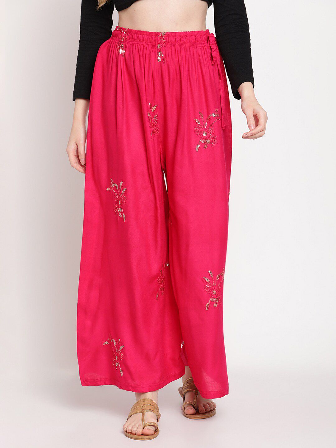 TAG 7 Women Pink & Gold-Toned Ethnic Motifs Embellished Flared Palazzos - Distacart