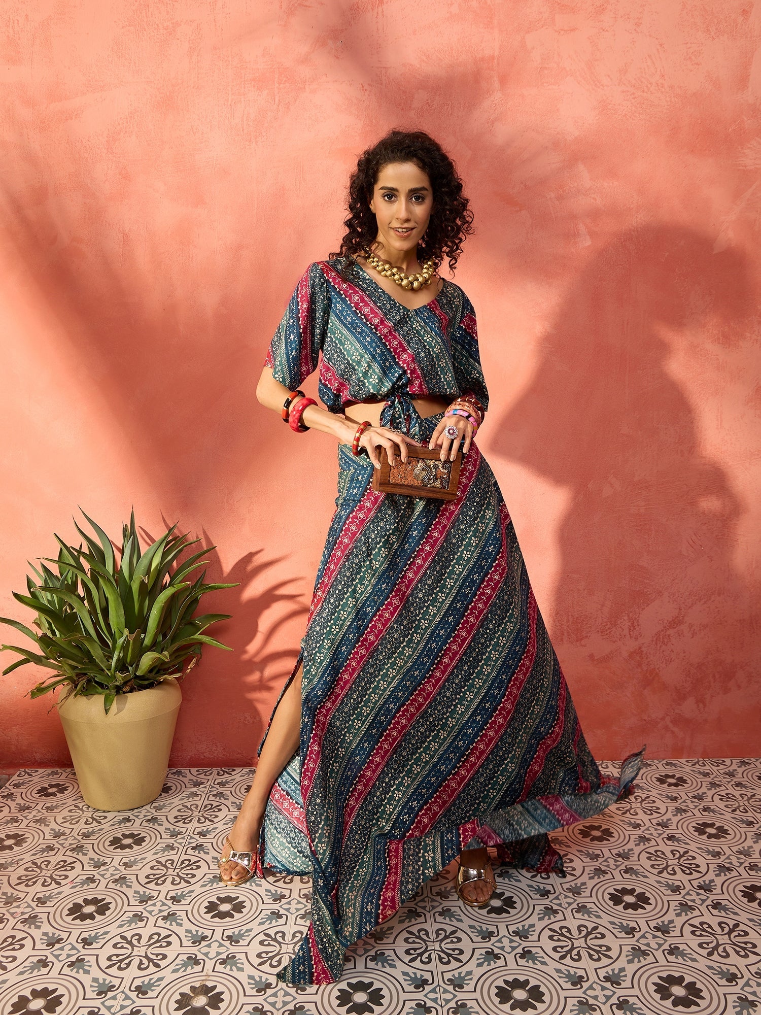 InWeave Teal Hunter Batik Floral Foil Waist Tie-Up Co Ord Set - Distacart