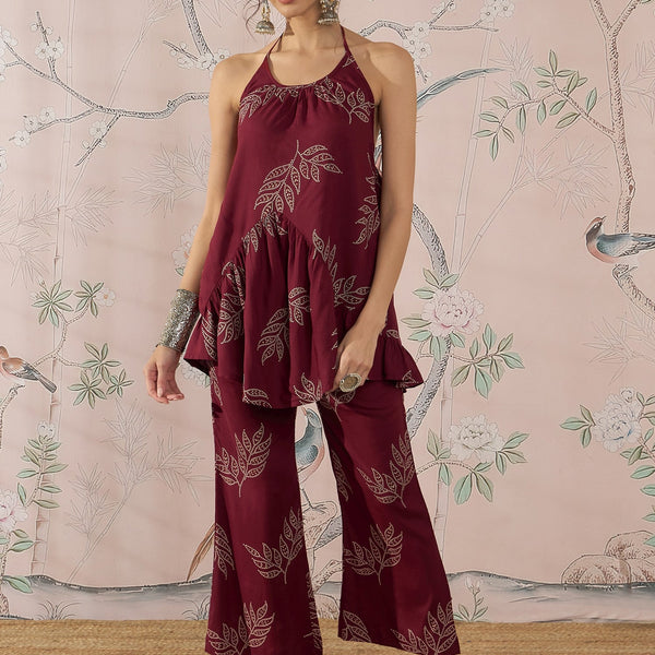 InWeave Dark Maroon Leaf Halter Strappy Set - Distacart