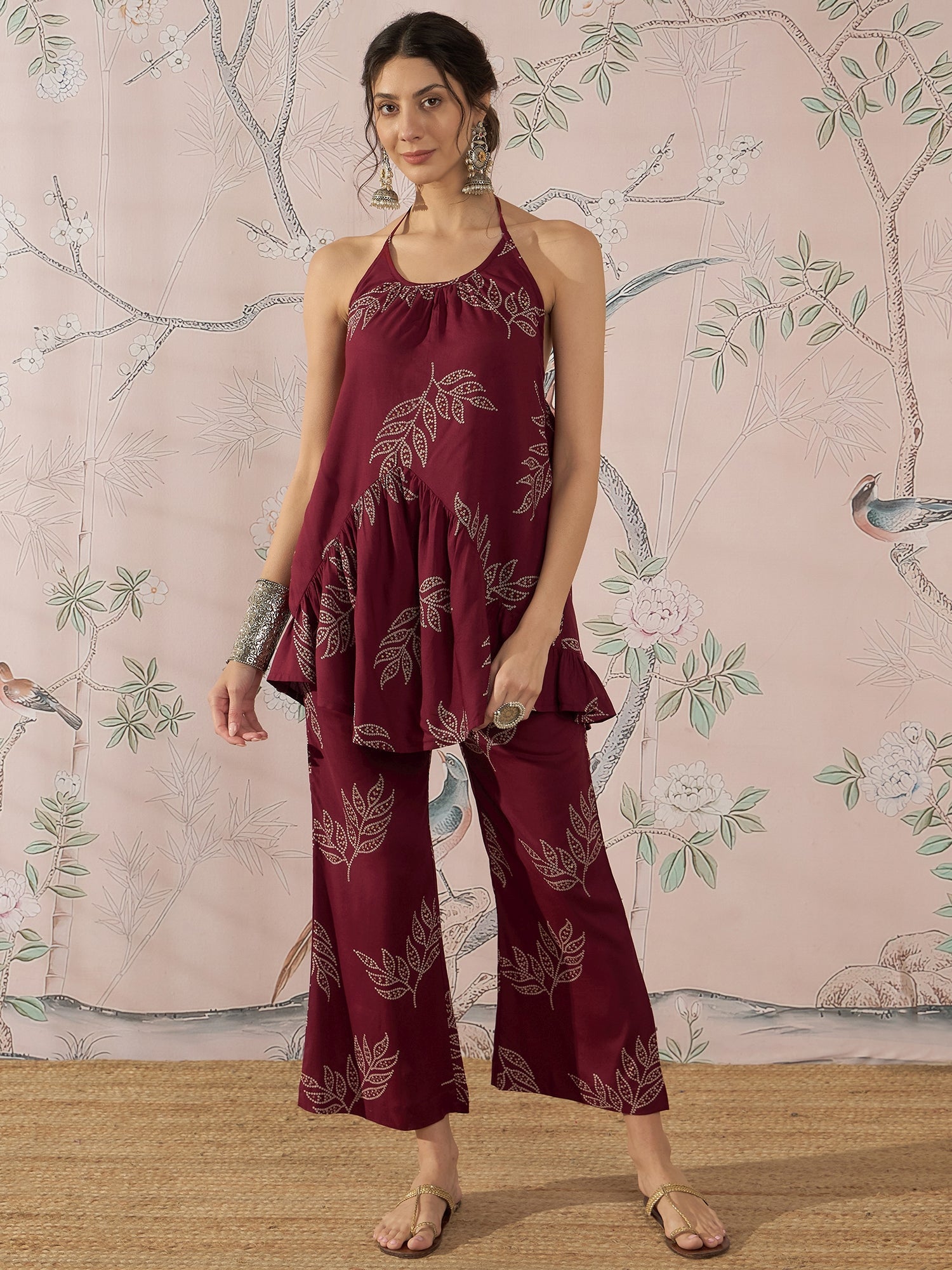 InWeave Dark Maroon Leaf Halter Strappy Set - Distacart