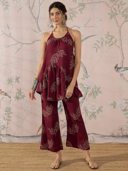 InWeave Dark Maroon Leaf Halter Strappy Set - Distacart