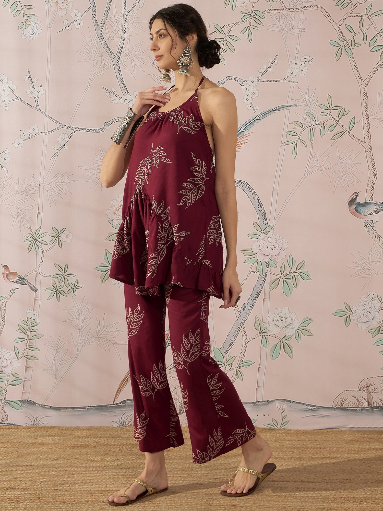 InWeave Dark Maroon Leaf Halter Strappy Set - Distacart