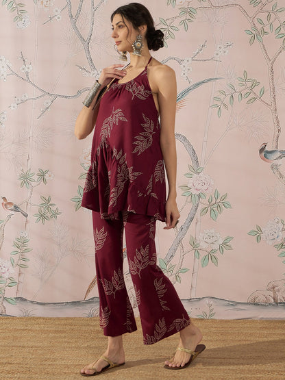 InWeave Dark Maroon Leaf Halter Strappy Set - Distacart
